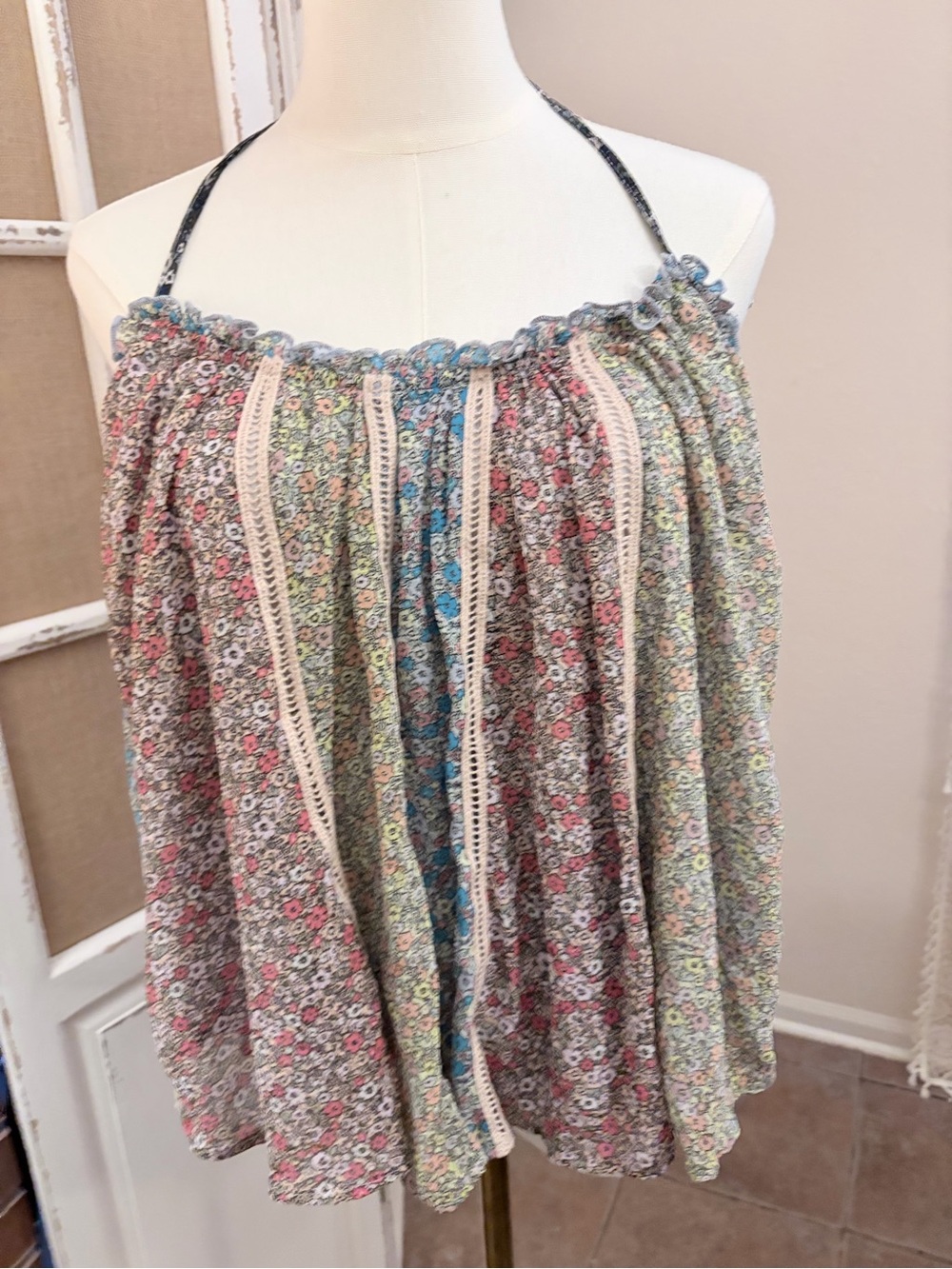 Free People Boho Patchwork Floral Halter Top Ditsy Print Pleated Camisole M NWT